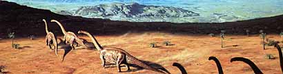 A herd of Diplodocus migrates across a dusty plain during the Jurassic Period, 140 million years ago.